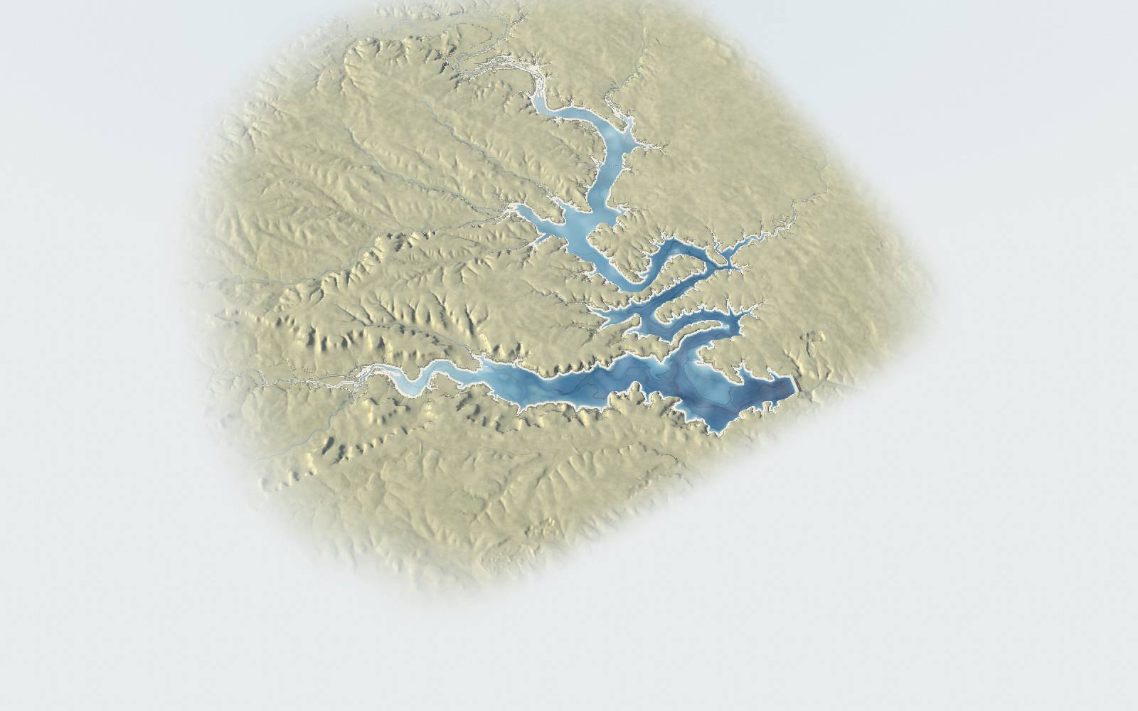 Relief model of Belton Lake with the water at its latest level, the lakebed showing through, and the hills around the lake
